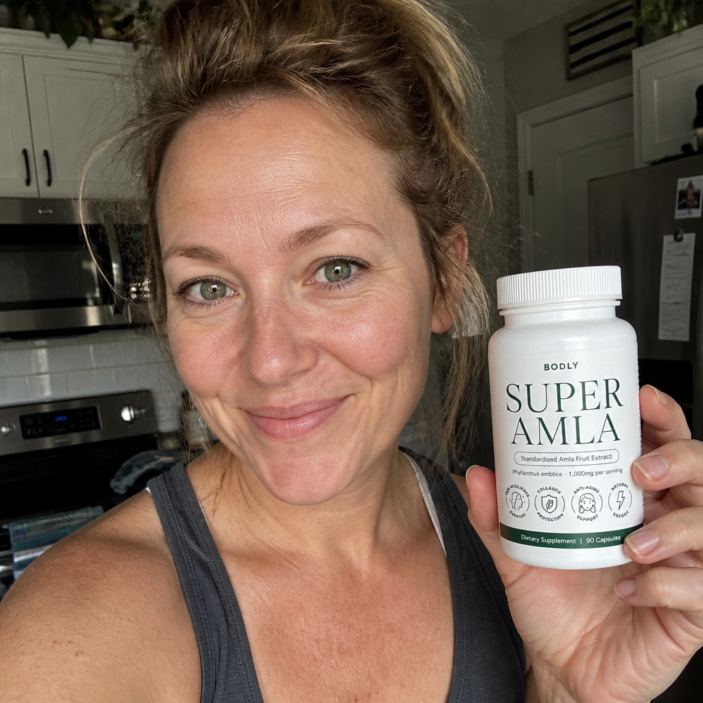Woman smiling while holding a bottle of Super Amla™