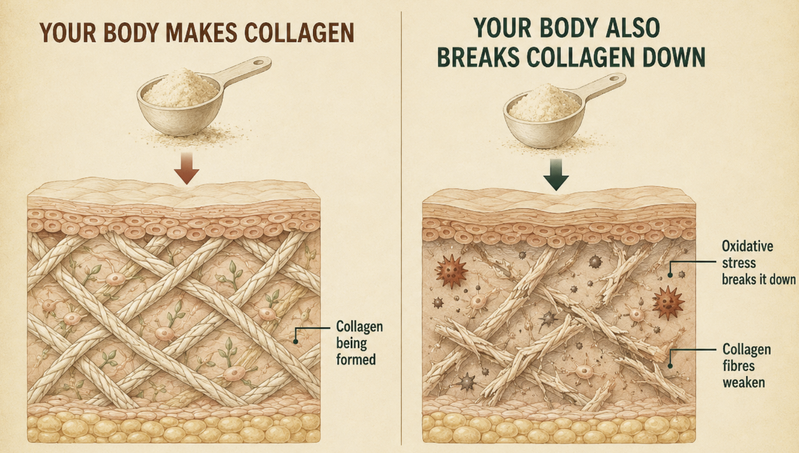 Two-sided collagen visual: left shows your body making healthy collagen fibres, right shows those same fibres fraying and breaking down from aging, sunlight and oxidative stress
