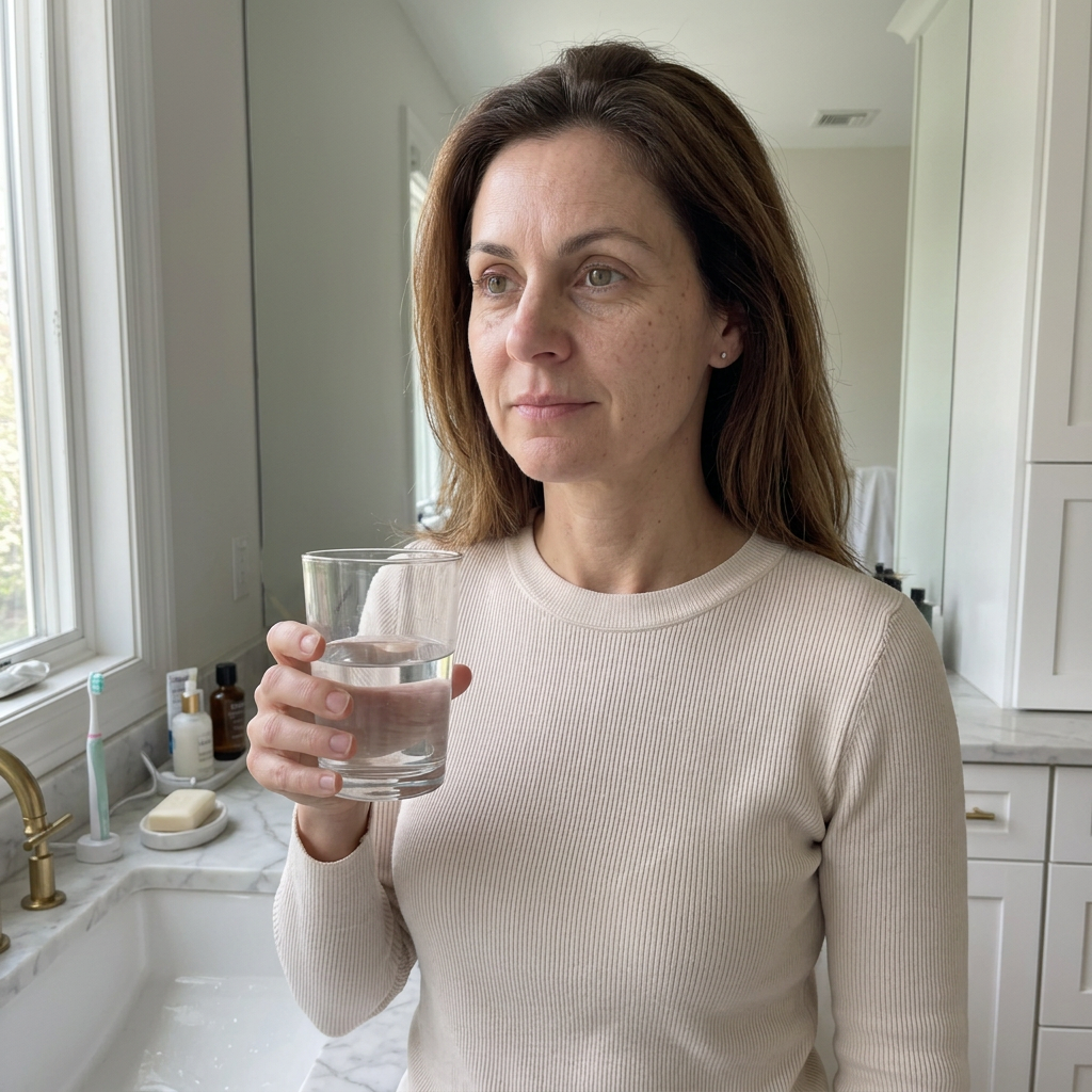 Woman in her early 40s holding a glass of water at her bathroom vanity in soft morning light