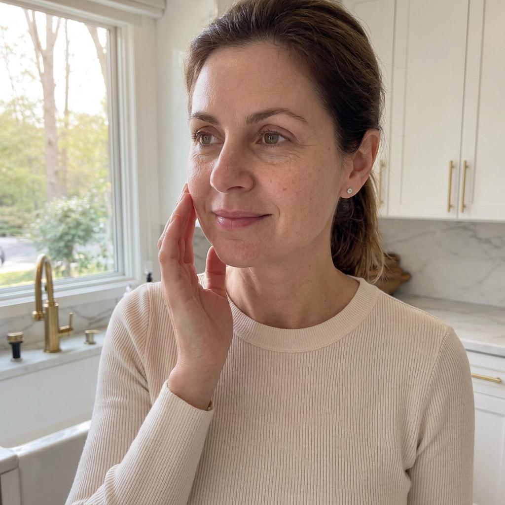 Woman in her early 40s touching her cheek near a sunlit window