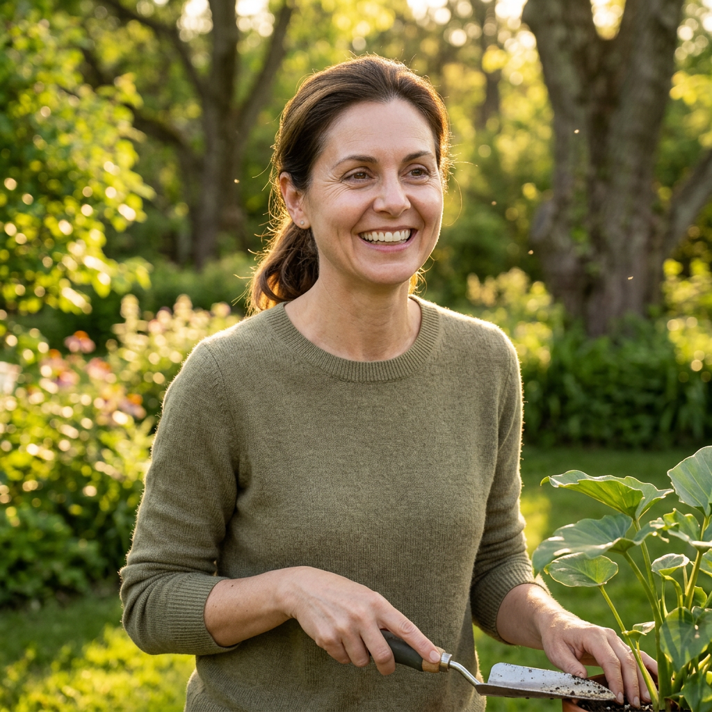 Woman in her early 40s with glowing skin smiling outdoors in a garden