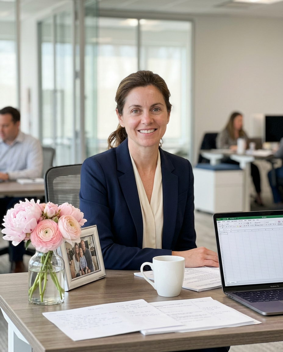 Jane at her office desk, glowing refreshed skin, smiling, with flowers, a family photo and a coffee cup