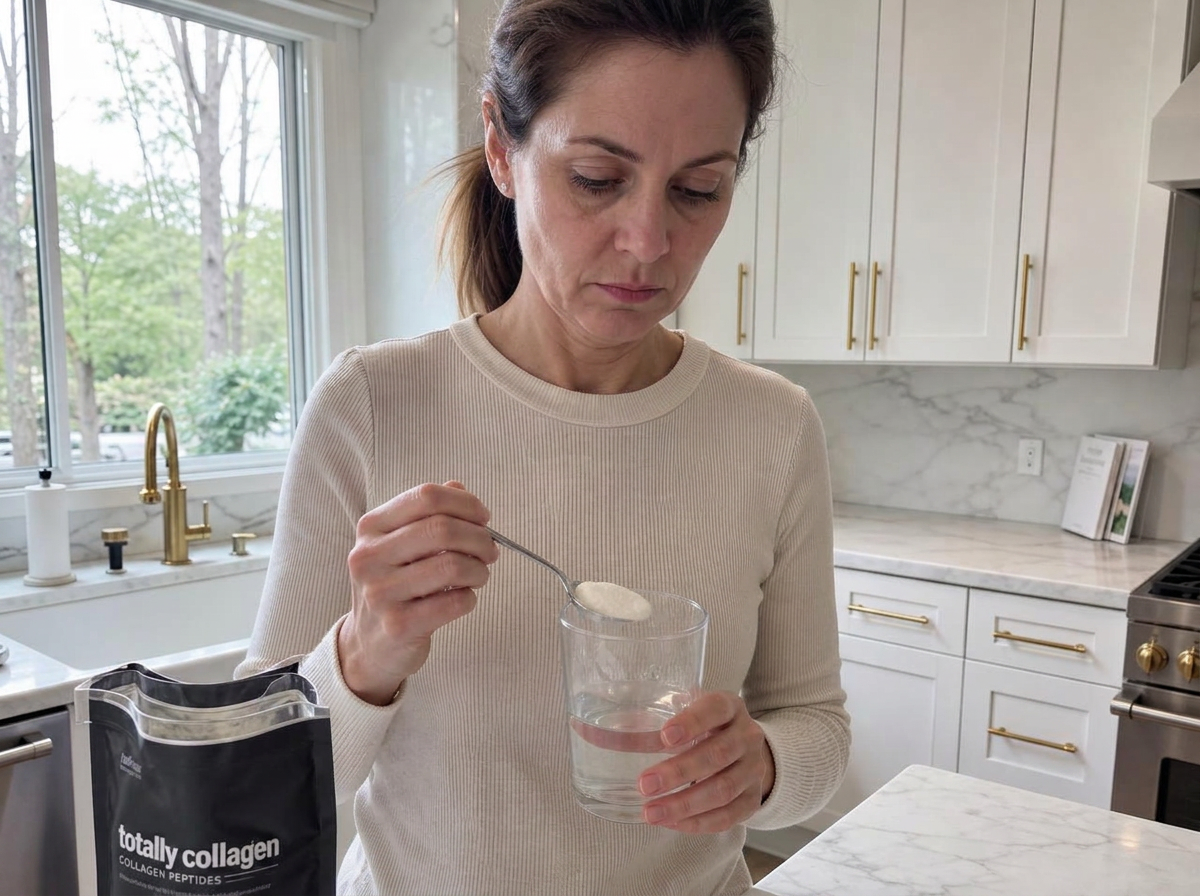 Jane, a tired-looking woman in her mid-40s with fine lines, stirring collagen powder into a glass of water in her kitchen