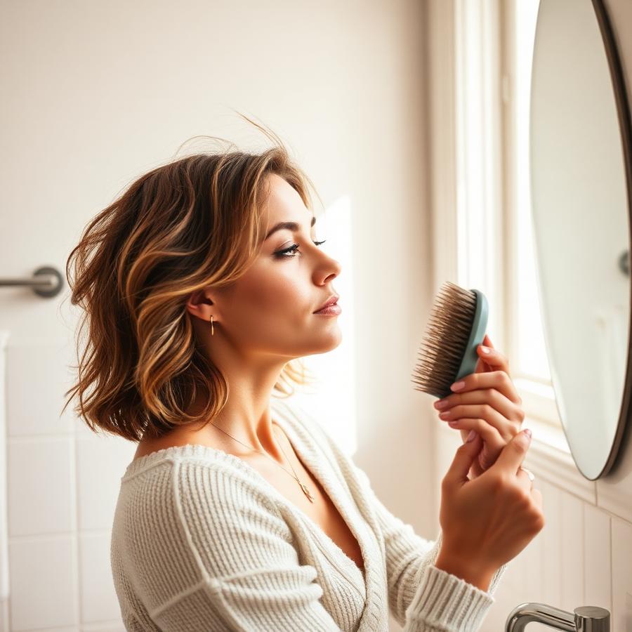 Woman checking her hairbrush in a bright bathroom