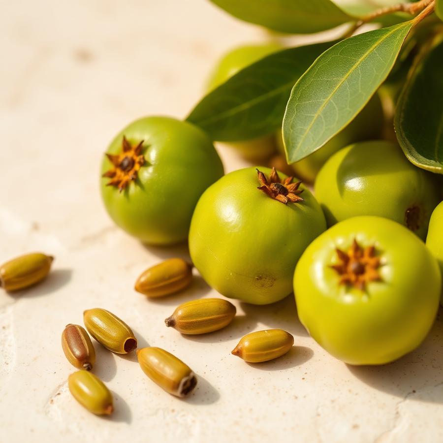 Fresh green amla indian gooseberries beside plant-based capsules