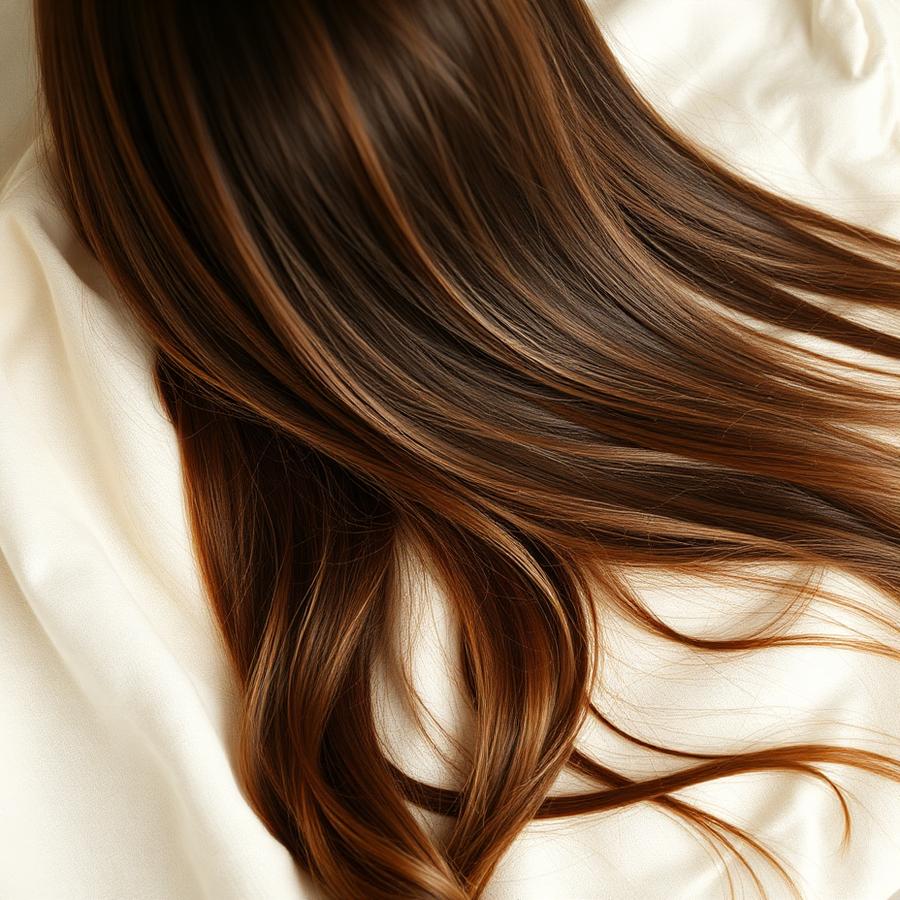 Long healthy shiny hair resting on cream linen