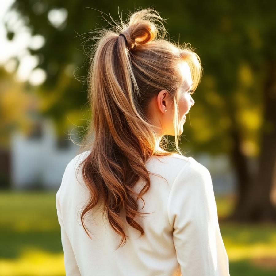 Woman outdoors with a thick full ponytail in golden light