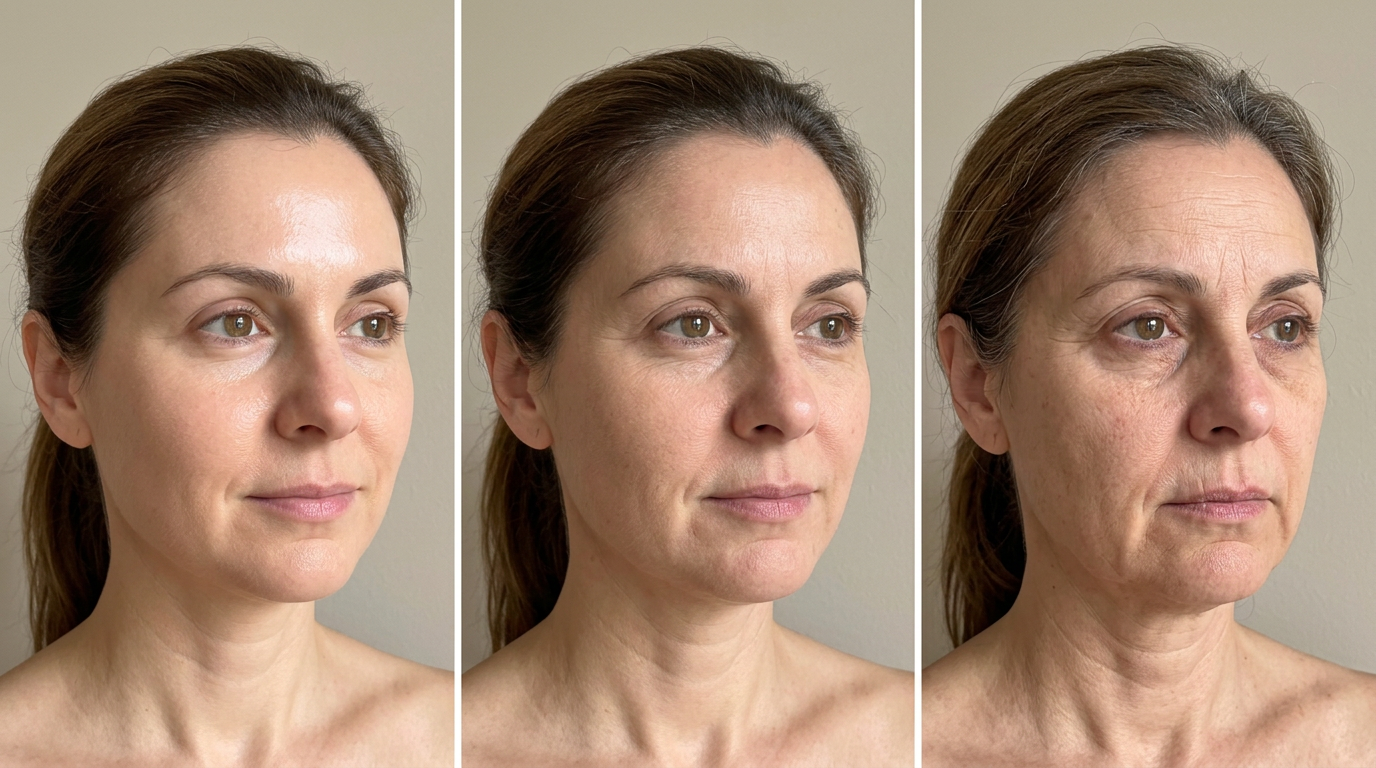 Three-panel progression photo of Jane: smooth firm skin on the left, subtle early fine lines and dullness in the middle, and visible lines, texture and sagging on the right